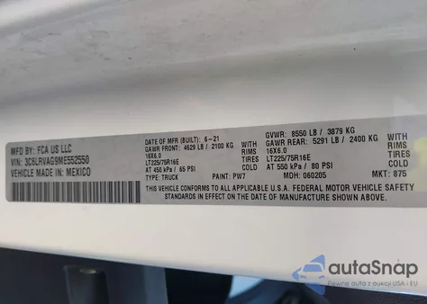 2021 Ram Promaster 1500 Low Roof 136 Wb z USA, uszkodzony, nr VIN 3C6LRVAG9ME552550